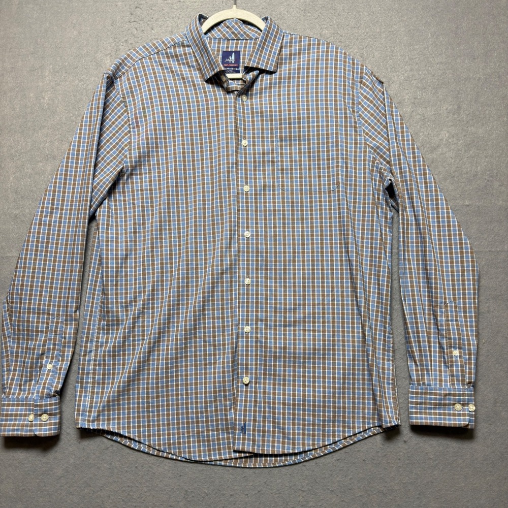 Johnnie-O PREP-FORMANCE Mens Large Blue Brown Check Stretch‎ Button Down Shirt